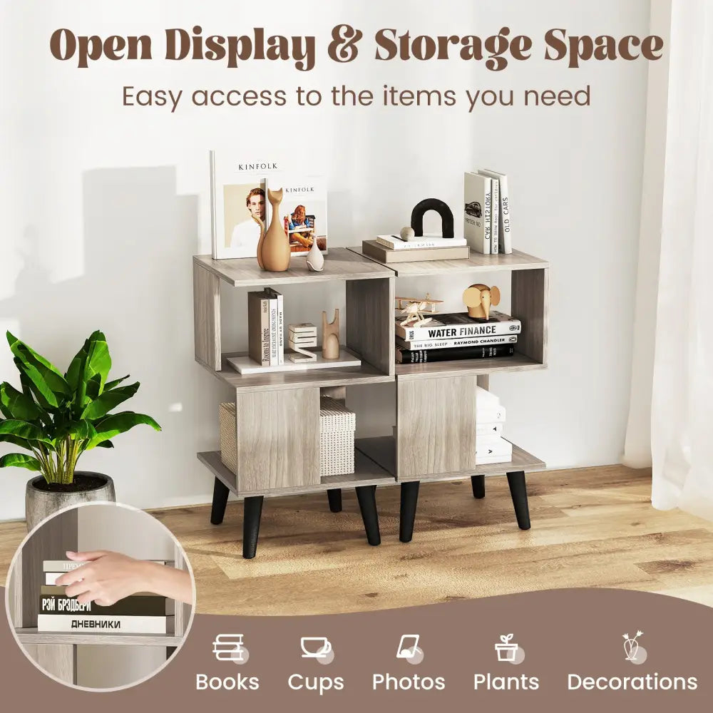 3-Tier Geometric Bookshelf Set of 2 with Open Storage Shelves - Gray - Nightstands