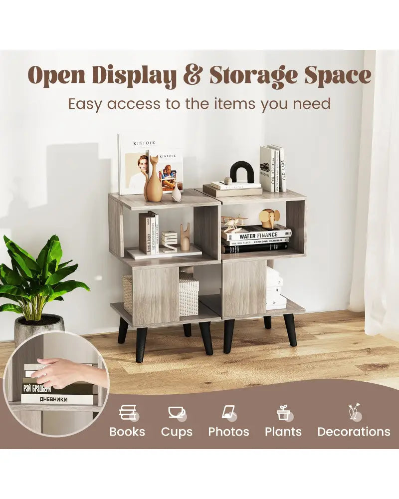 3-Tier Geometric Bookshelf Set of 2 with Open Storage Shelves - Gray - Nightstands