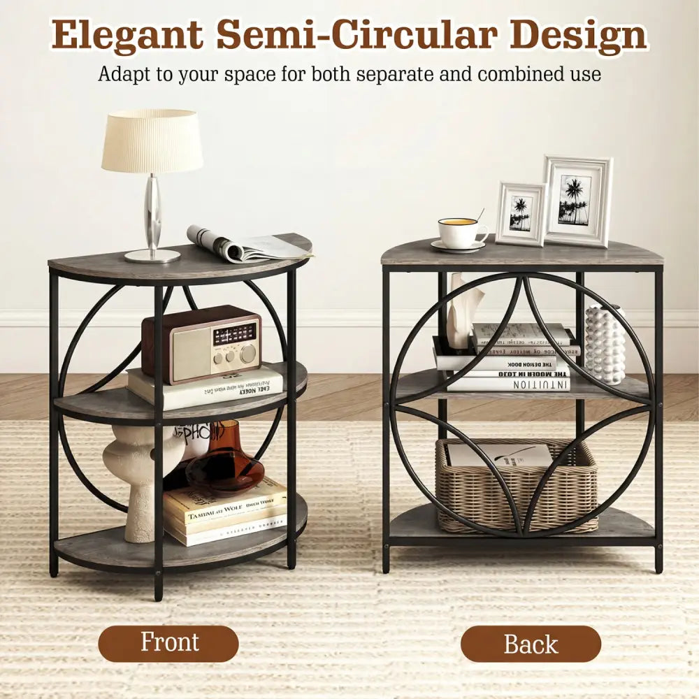 3-Tier Half Round End Table with Study Metal Frame for Living Room-Gray - Gray - End & Side Tables