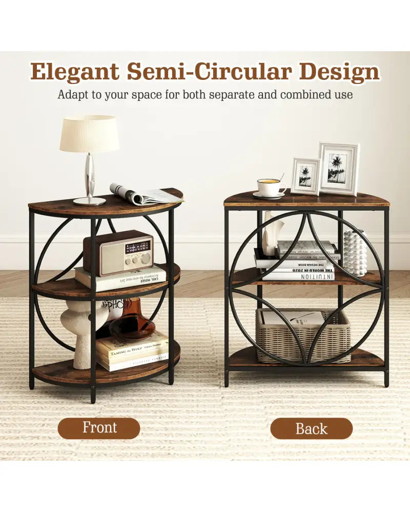 3-Tier Half Round End Table with Study Metal Frame for Living Room-Rustic Brown - Rustic Brown - End & Side Tables