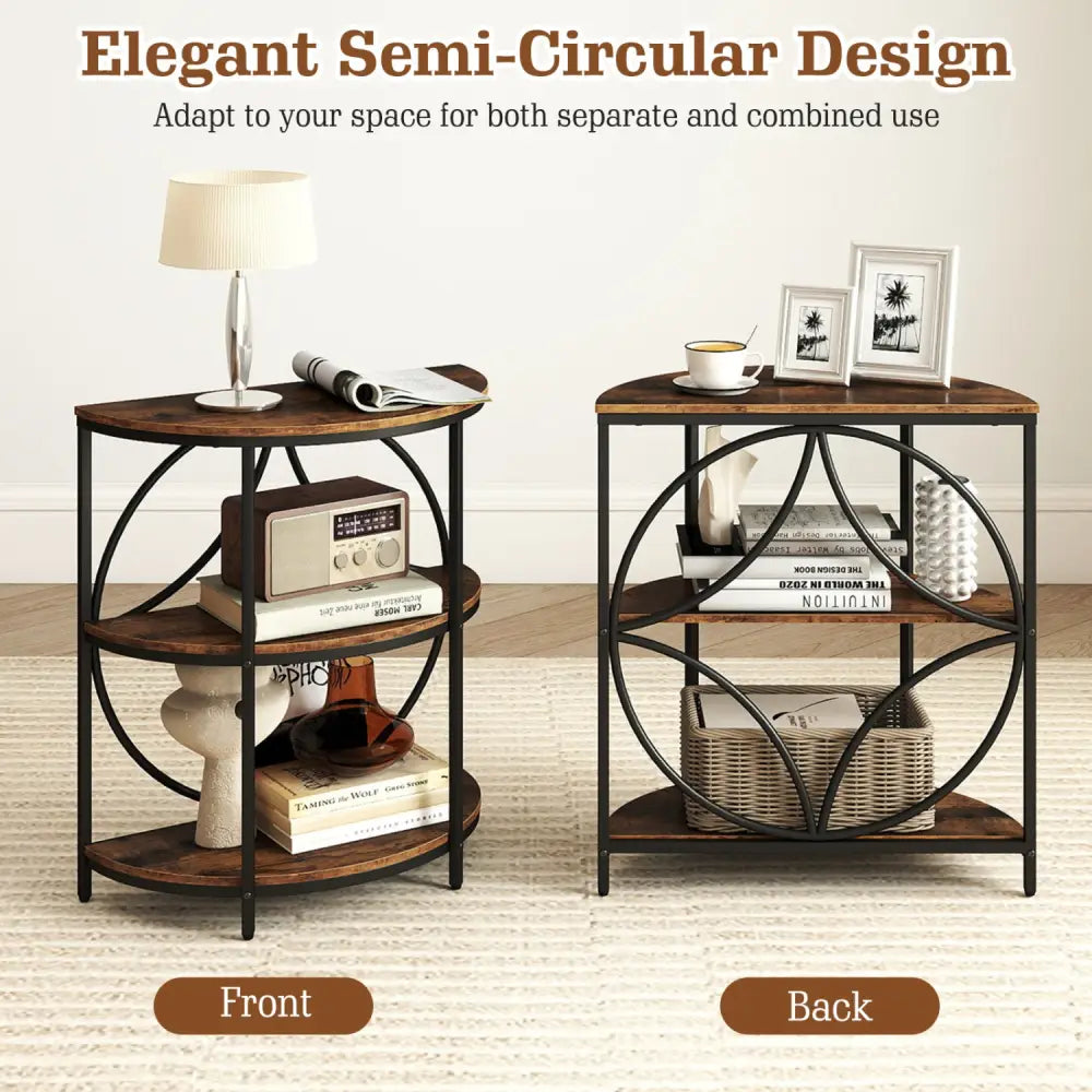 3-Tier Half Round End Table with Study Metal Frame for Living Room-Rustic Brown - Rustic Brown - End & Side Tables