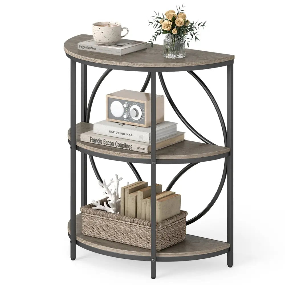 3-Tier Half Round End Table with Study Metal Frame for Living Room-Gray - Gray - End & Side Tables