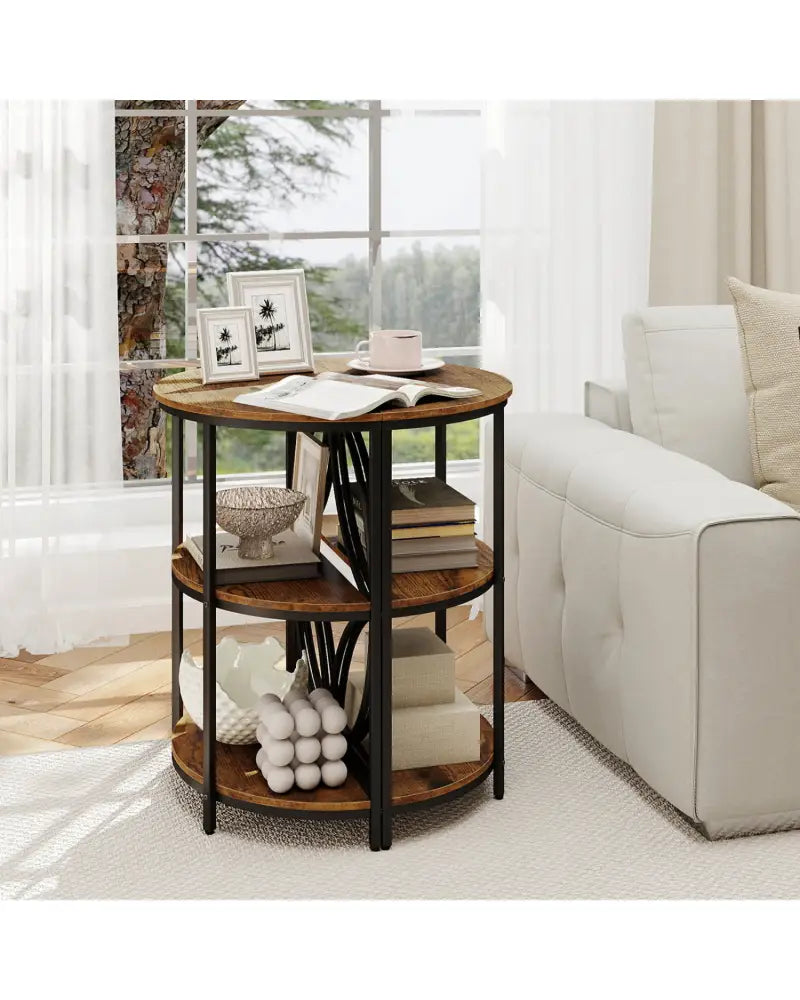 3-Tier Half Round End Table with Study Metal Frame for Living Room-Rustic Brown - Rustic Brown - End & Side Tables