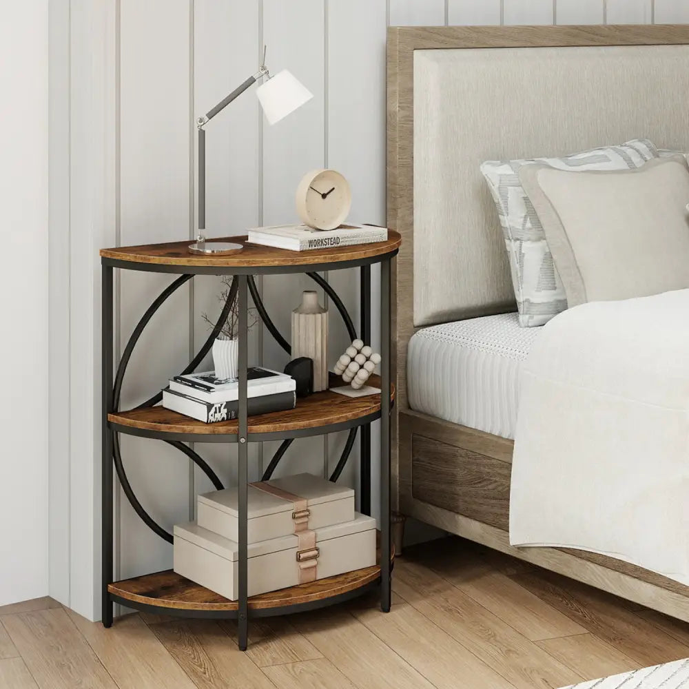 3-Tier Half Round End Table with Study Metal Frame for Living Room-Rustic Brown - Rustic Brown - End & Side Tables