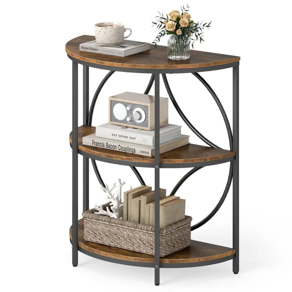 3-Tier Half Round End Table with Study Metal Frame for Living Room-Rustic Brown - Rustic Brown - End & Side Tables