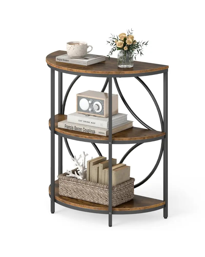 3-Tier Half Round End Table with Study Metal Frame for Living Room-Rustic Brown - Rustic Brown - End & Side Tables