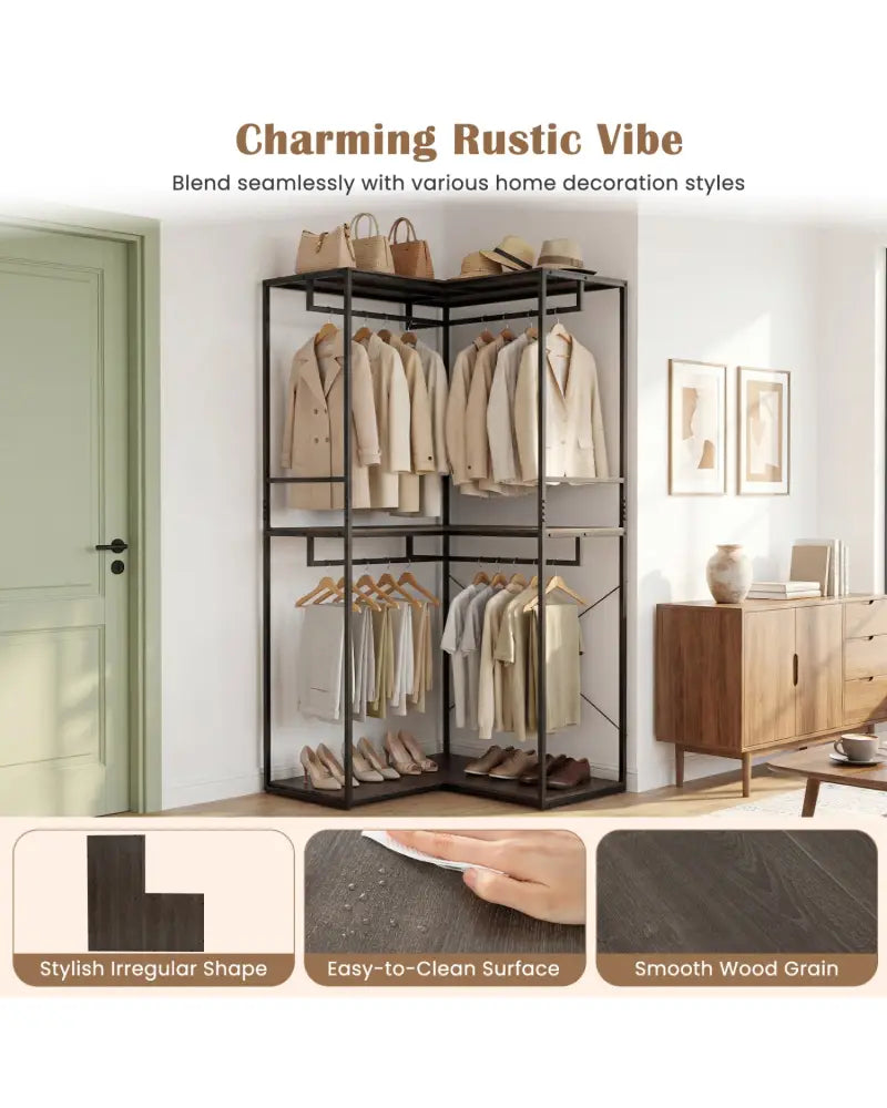 3-Tier Heavy Duty Clothes Rack with 3 Shelves & 2 Hanging Racks-Black & Brown - Clothing & Closet Storage