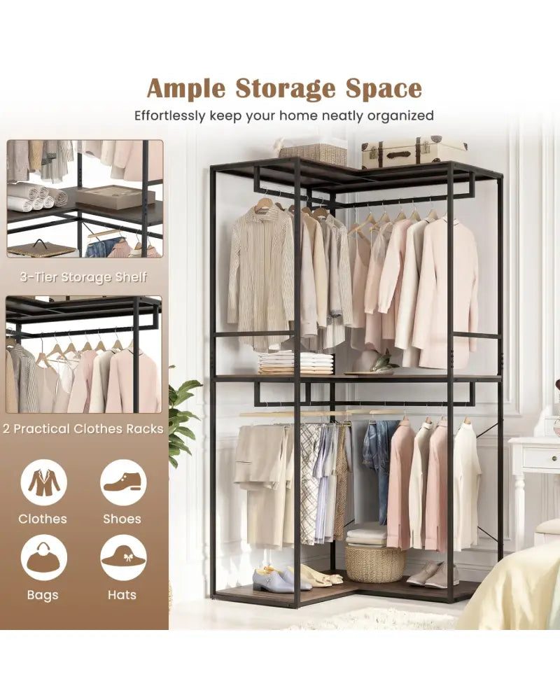 3-Tier Heavy Duty Clothes Rack with 3 Shelves & 2 Hanging Racks-Black & Brown - Clothing & Closet Storage