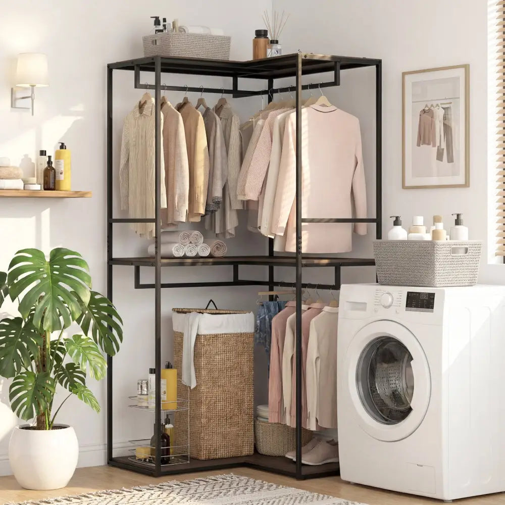 3-Tier Heavy Duty Clothes Rack with 3 Shelves & 2 Hanging Racks-Black & Brown - Clothing & Closet Storage