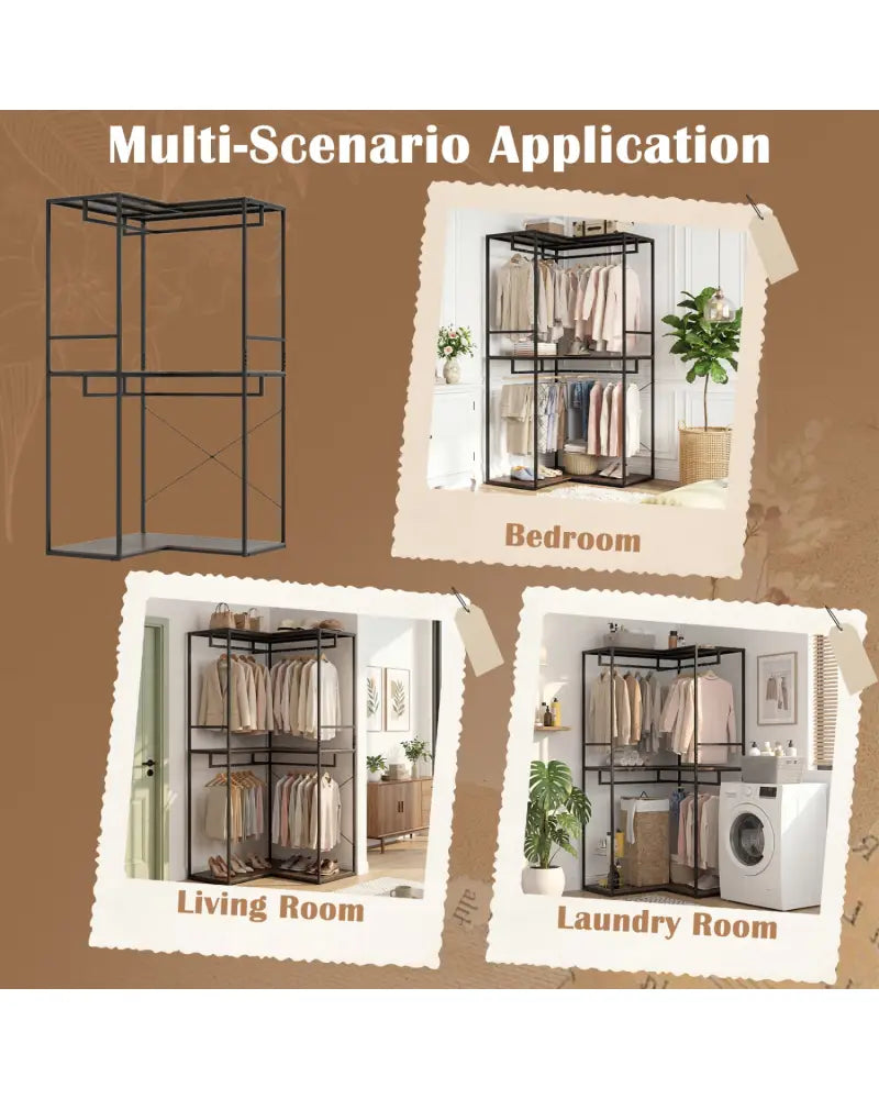 3-Tier Heavy Duty Clothes Rack with 3 Shelves & 2 Hanging Racks-Black & Brown - Clothing & Closet Storage