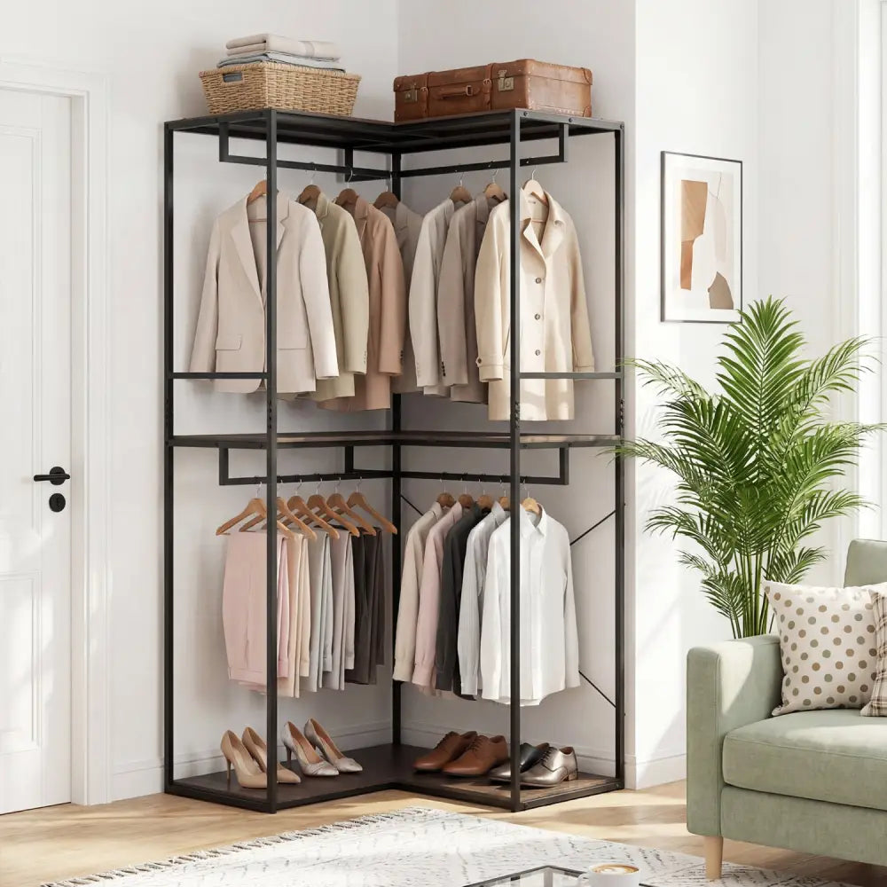 3-Tier Heavy Duty Clothes Rack with 3 Shelves & 2 Hanging Racks-Black & Brown - Clothing & Closet Storage