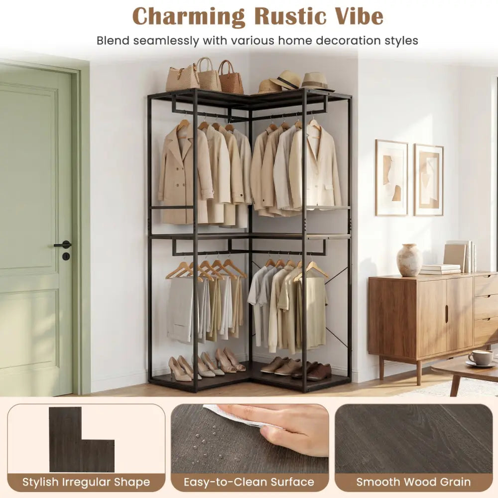 3-Tier Heavy Duty Clothes Rack with 3 Shelves & 2 Hanging Racks-Black & Brown - Clothing & Closet Storage