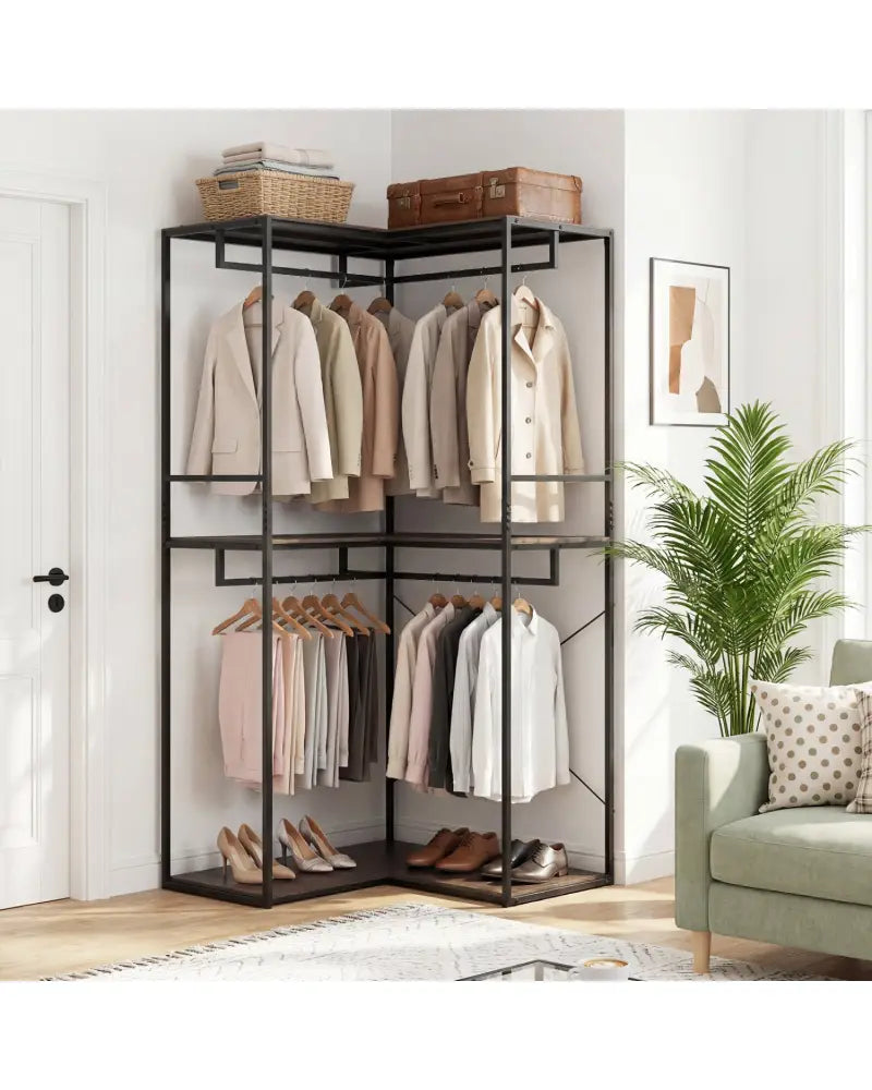 3-Tier Heavy Duty Clothes Rack with 3 Shelves & 2 Hanging Racks-Black & Brown - Clothing & Closet Storage