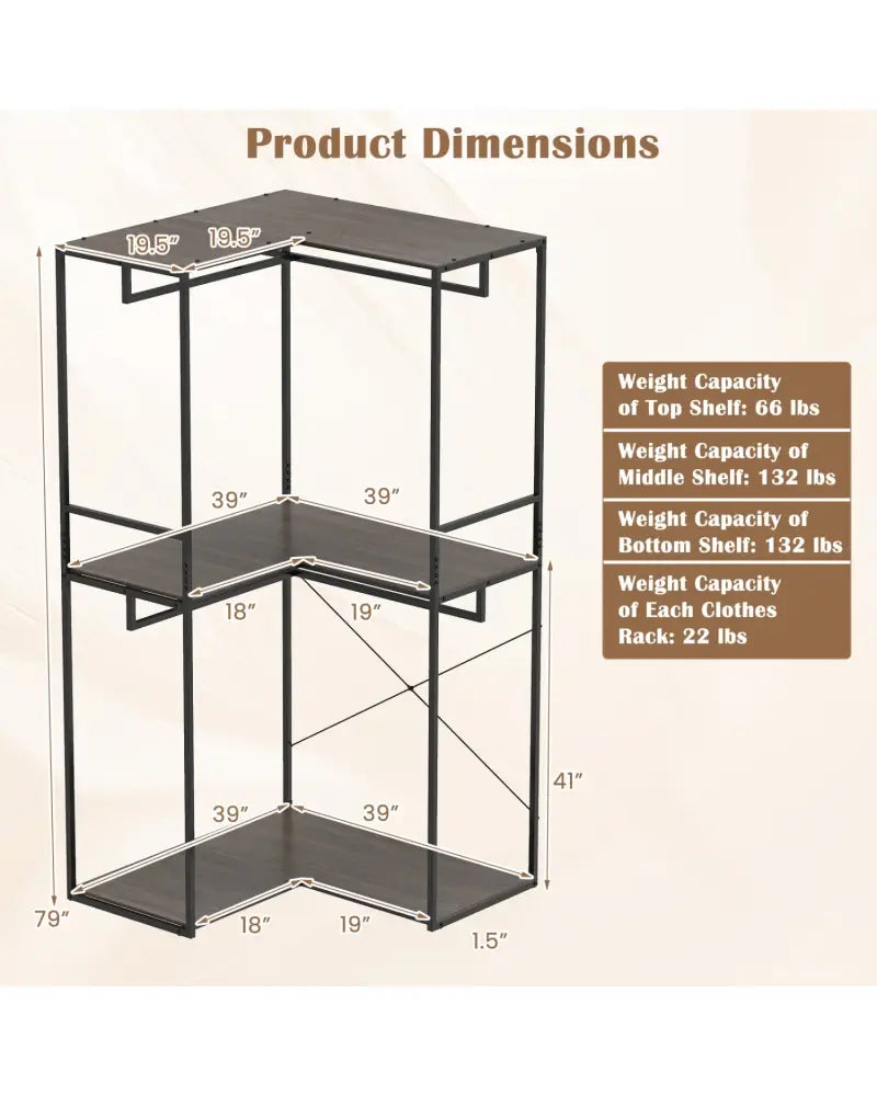 3-Tier Heavy Duty Clothes Rack with 3 Shelves & 2 Hanging Racks-Black & Brown - Clothing & Closet Storage
