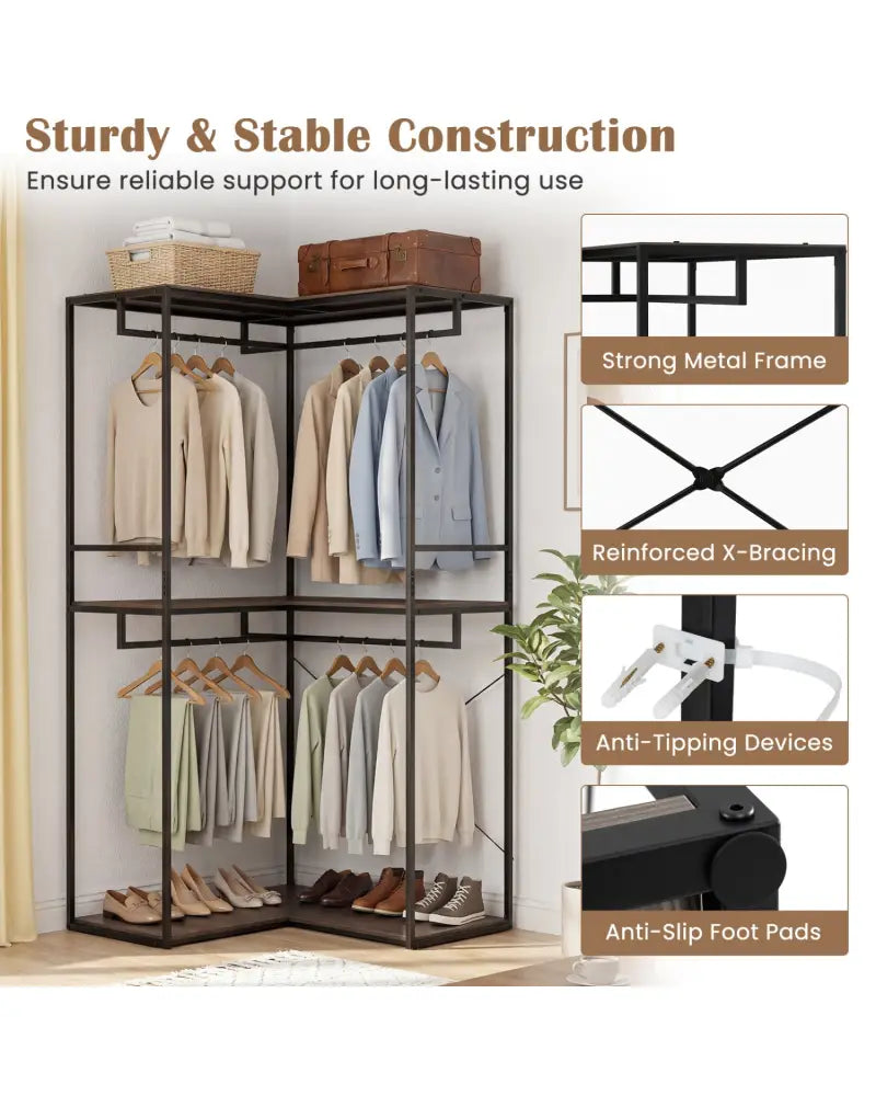 3-Tier Heavy Duty Clothes Rack with 3 Shelves & 2 Hanging Racks-Black & Brown - Clothing & Closet Storage