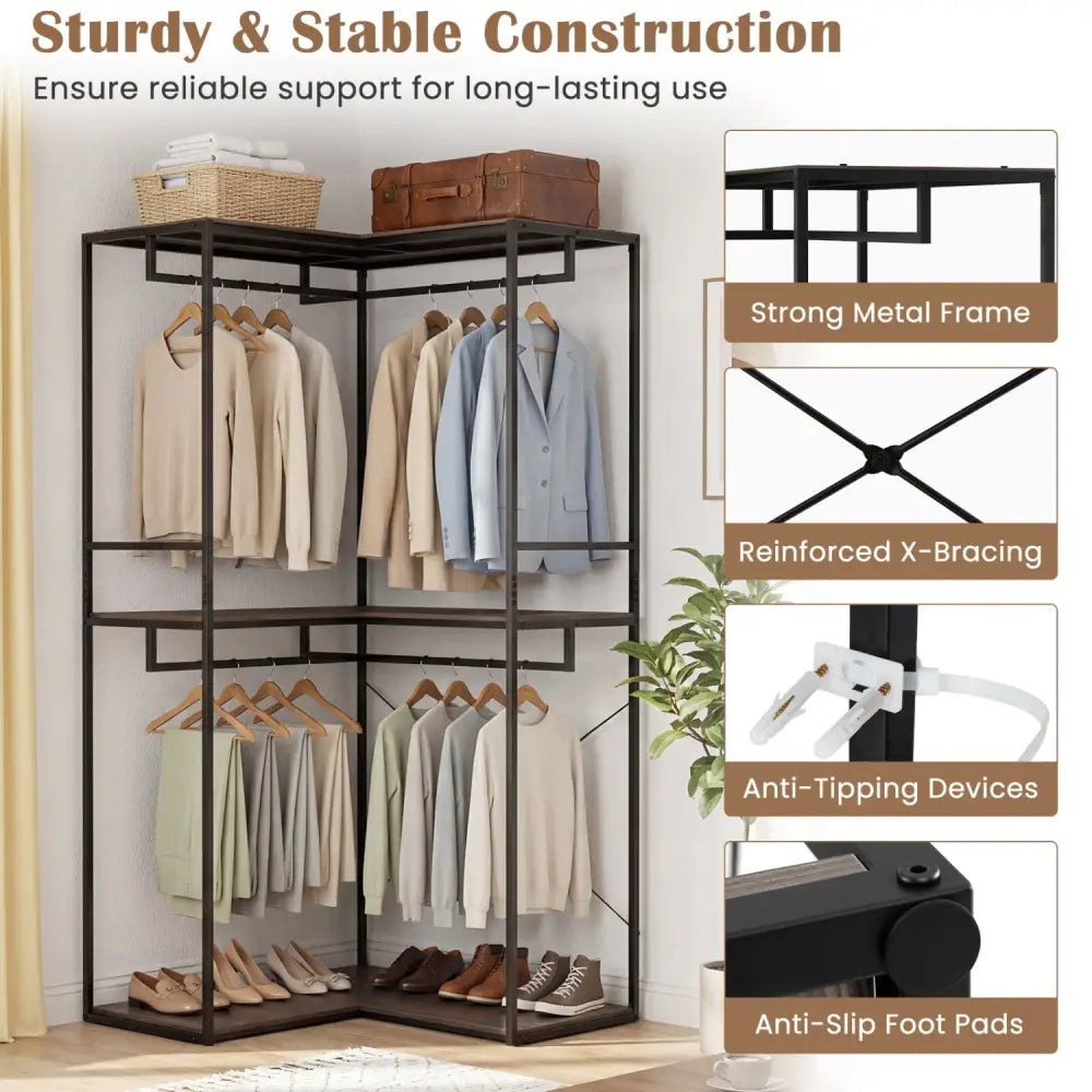 3-Tier Heavy Duty Clothes Rack with 3 Shelves & 2 Hanging Racks-Black & Brown - Clothing & Closet Storage