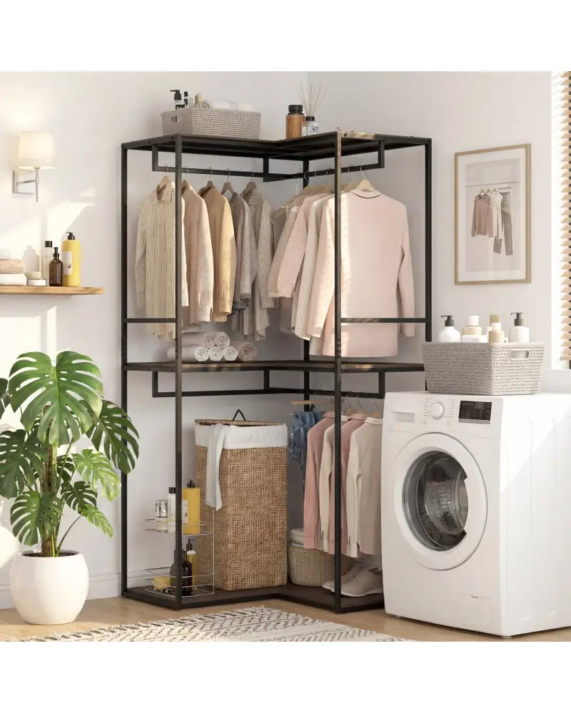 3-Tier Heavy Duty Clothes Rack with 3 Shelves & 2 Hanging Racks-Black & Brown - Clothing & Closet Storage