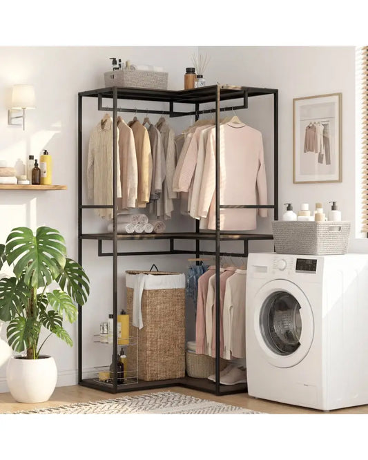 3-Tier Heavy Duty Clothes Rack with 3 Shelves & 2 Hanging Racks-Black & Brown - Clothing & Closet Storage
