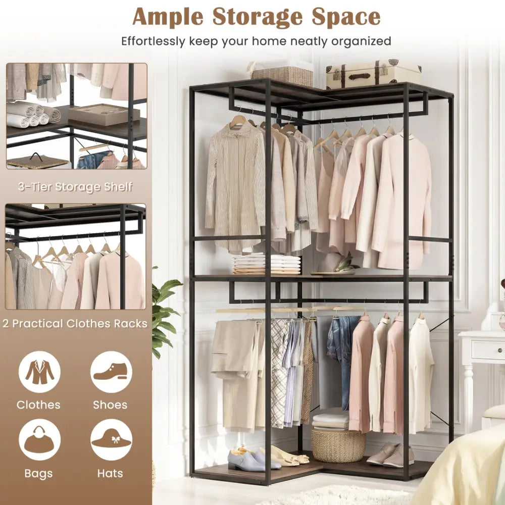 3-Tier Heavy Duty Clothes Rack with 3 Shelves & 2 Hanging Racks-Black & Brown - Clothing & Closet Storage
