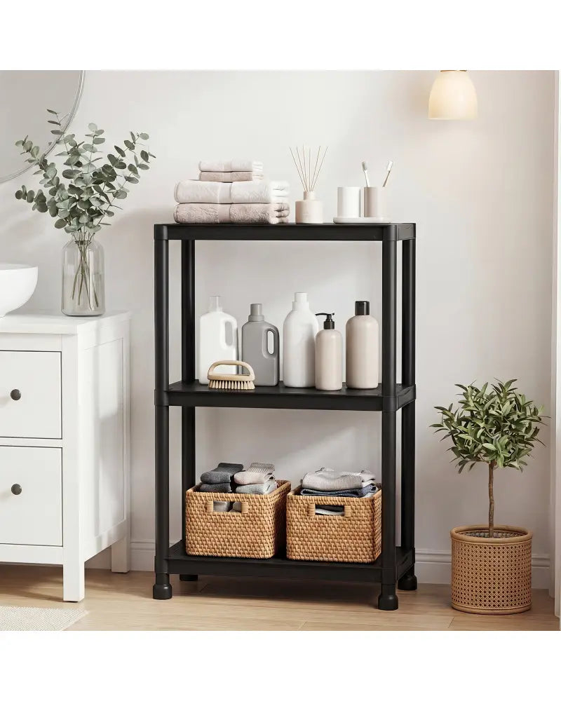 3-Tier Heavy-Duty Plastic Storage Shelves Freestanding Garage Shelving Unit - Black - Garages