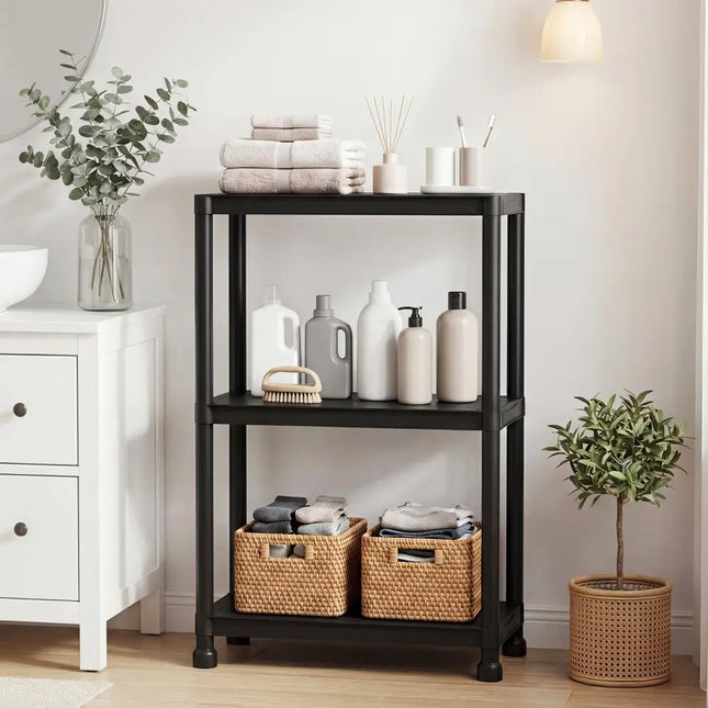 3-Tier Heavy-Duty Plastic Storage Shelves Freestanding Garage Shelving Unit - Black - Garages
