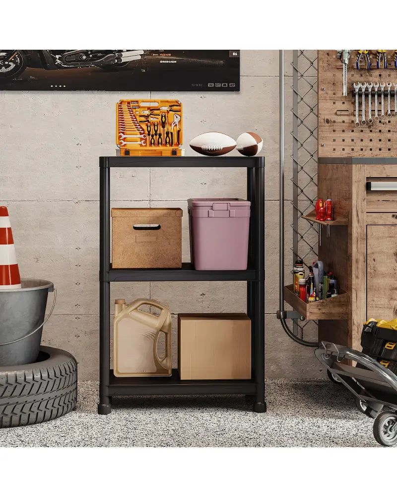 3-Tier Heavy-Duty Plastic Storage Shelves Freestanding Garage Shelving Unit - Black - Garages