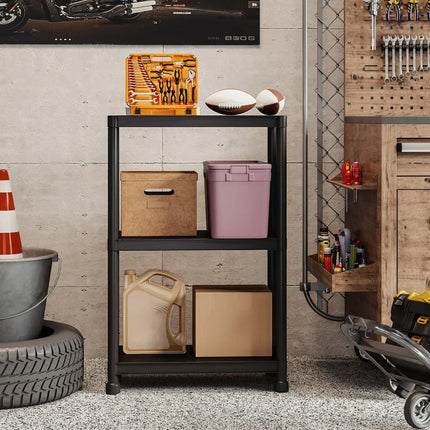 3-Tier Heavy-Duty Plastic Storage Shelves Freestanding Garage Shelving Unit - Black - Garages