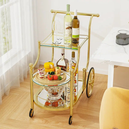3-Tier Home Bar Serving Cart on Wheels with Mirrored Shelves-Golden Costway