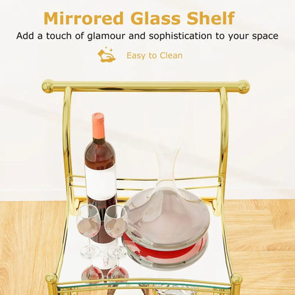 3-Tier Home Bar Serving Cart on Wheels with Mirrored Shelves-Golden Costway