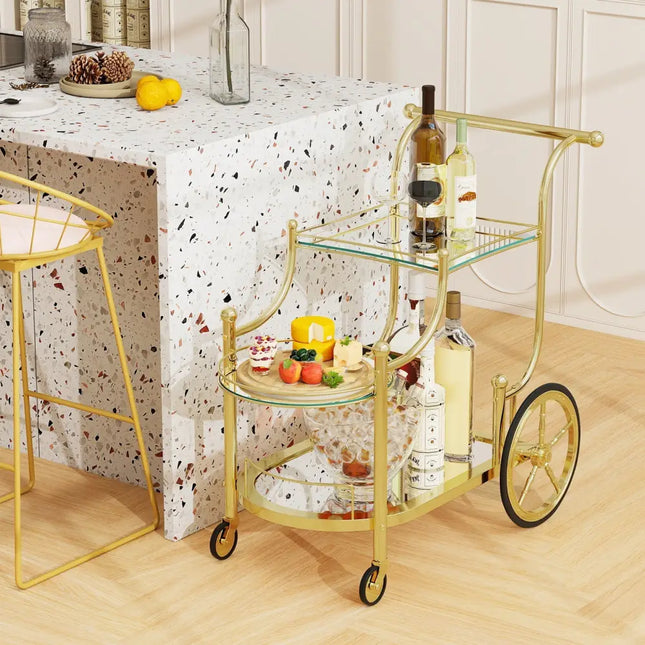 3-Tier Home Bar Serving Cart on Wheels with Mirrored Shelves-Golden Costway