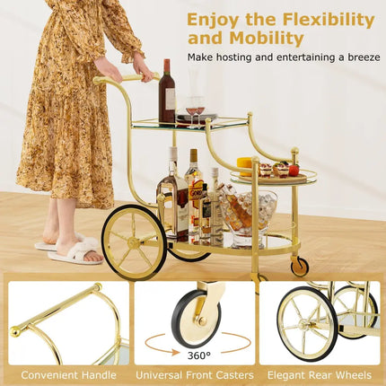 3-Tier Home Bar Serving Cart on Wheels with Mirrored Shelves-Golden Costway