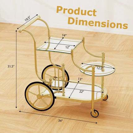 3-Tier Home Bar Serving Cart on Wheels with Mirrored Shelves-Golden Costway