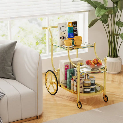 3-Tier Home Bar Serving Cart on Wheels with Mirrored Shelves-Golden Costway