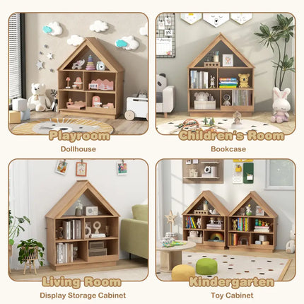 3-Tier House-Shaped Toy Storage Organizer with Open Shelves-Natural - Natural - Kids Storage