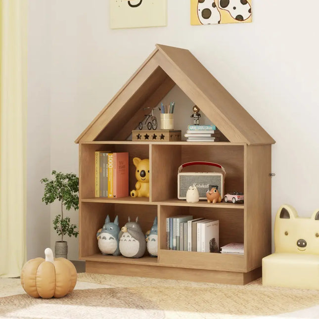 3-Tier House-Shaped Toy Storage Organizer with Open Shelves-Natural - Natural - Kids Storage