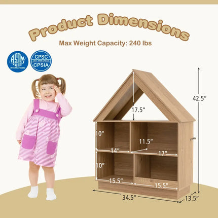3-Tier House-Shaped Toy Storage Organizer with Open Shelves-Natural - Natural - Kids Storage