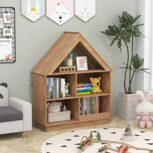 3-Tier House-Shaped Toy Storage Organizer with Open Shelves-Natural - Natural - Kids Storage