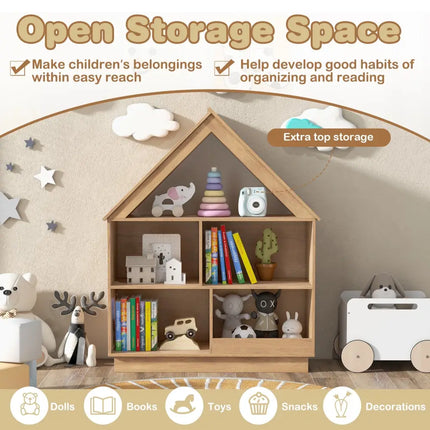3-Tier House-Shaped Toy Storage Organizer with Open Shelves-Natural - Natural - Kids Storage