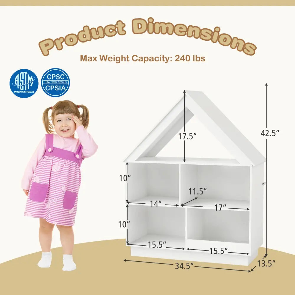 3-Tier House-Shaped Toy Storage Organizer with Open Shelves-White - White - Kids Storage