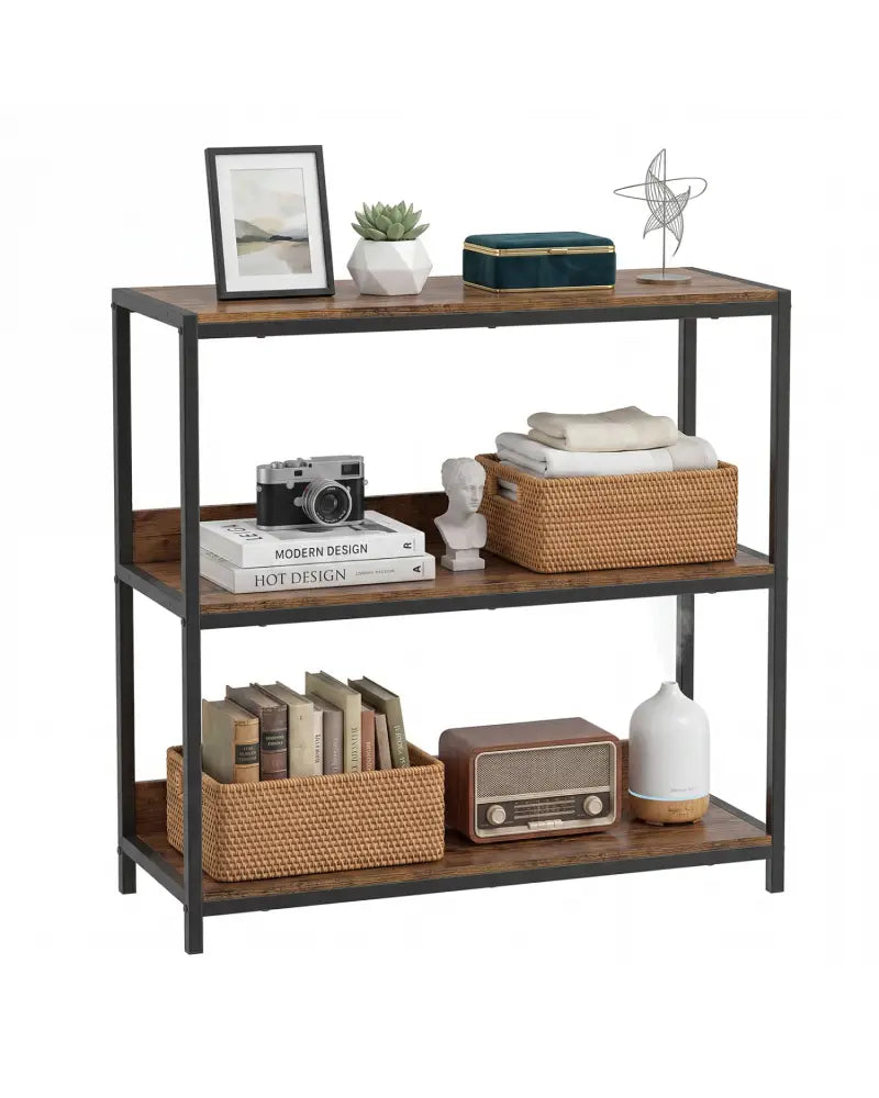 3-Tier Industrial Bookshelf with Wooden Shelves and Metal Frame-Rustic Brown - Rustic Brown - Cabinets & Chests