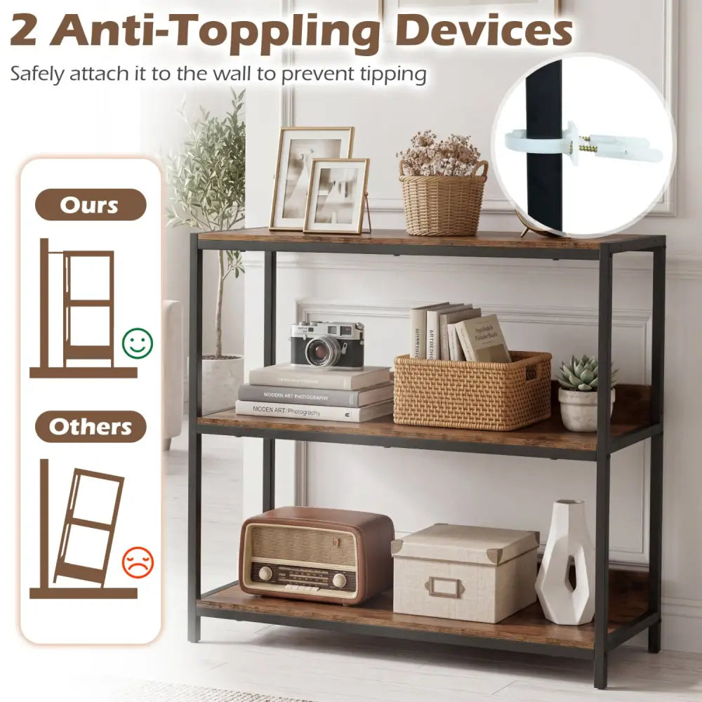 3-Tier Industrial Bookshelf with Wooden Shelves and Metal Frame-Rustic Brown - Rustic Brown - Cabinets & Chests
