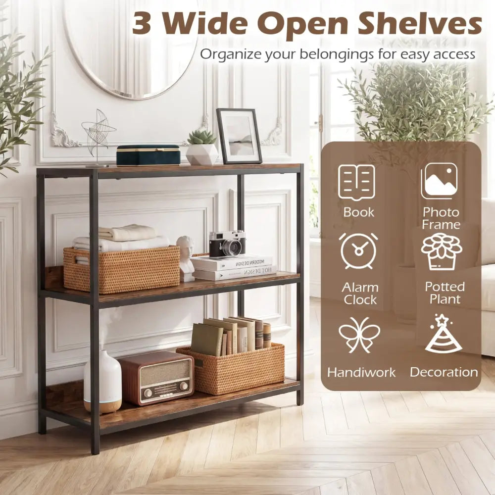 3-Tier Industrial Bookshelf with Wooden Shelves and Metal Frame-Rustic Brown - Rustic Brown - Cabinets & Chests