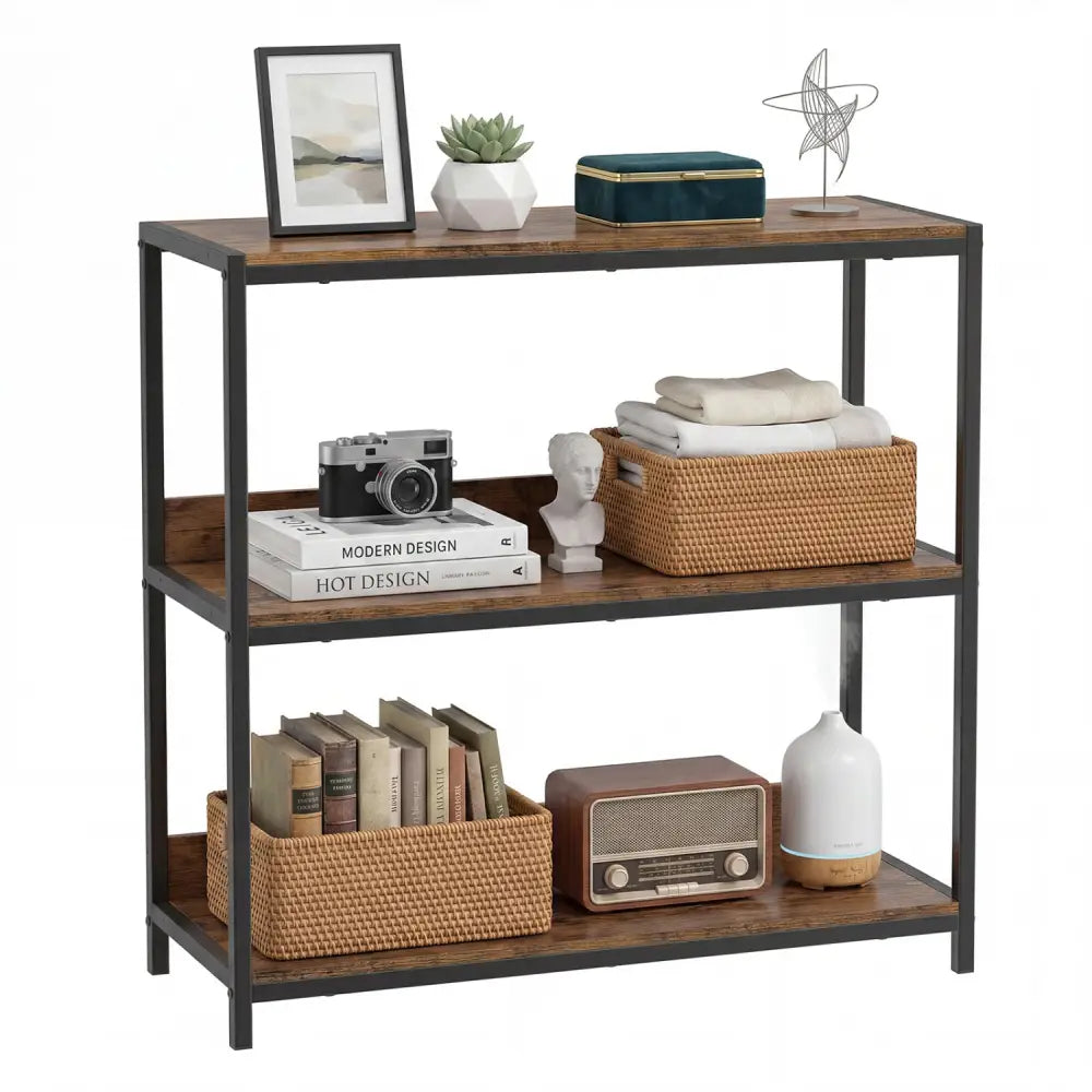 3-Tier Industrial Bookshelf with Wooden Shelves and Metal Frame-Rustic Brown - Rustic Brown - Cabinets & Chests