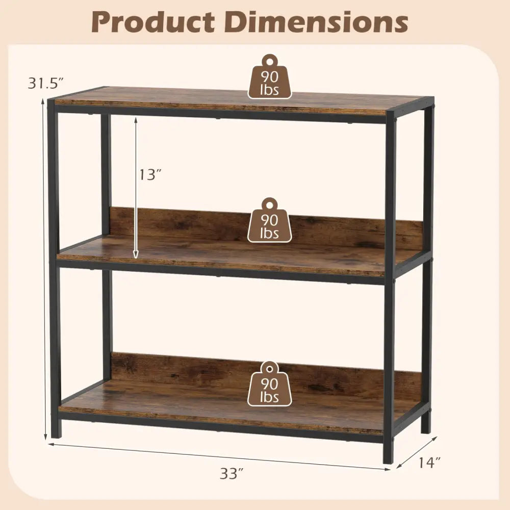 3-Tier Industrial Bookshelf with Wooden Shelves and Metal Frame-Rustic Brown - Rustic Brown - Cabinets & Chests