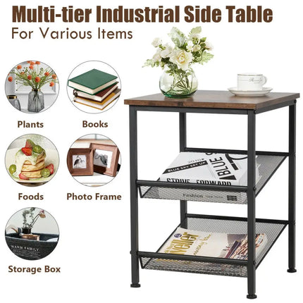 3-Tier Industrial End Table with Mesh Shelves and Adjustable Shelves Costway