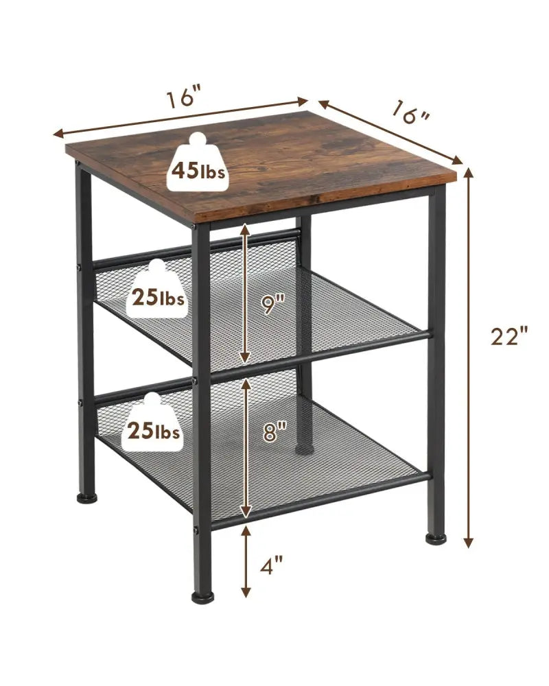 3-Tier Industrial End Table with Mesh Shelves and Adjustable Shelves - Rustic Brown - End & Side Tables
