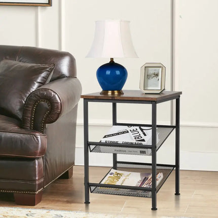 3-Tier Industrial End Table with Mesh Shelves and Adjustable Shelves Costway