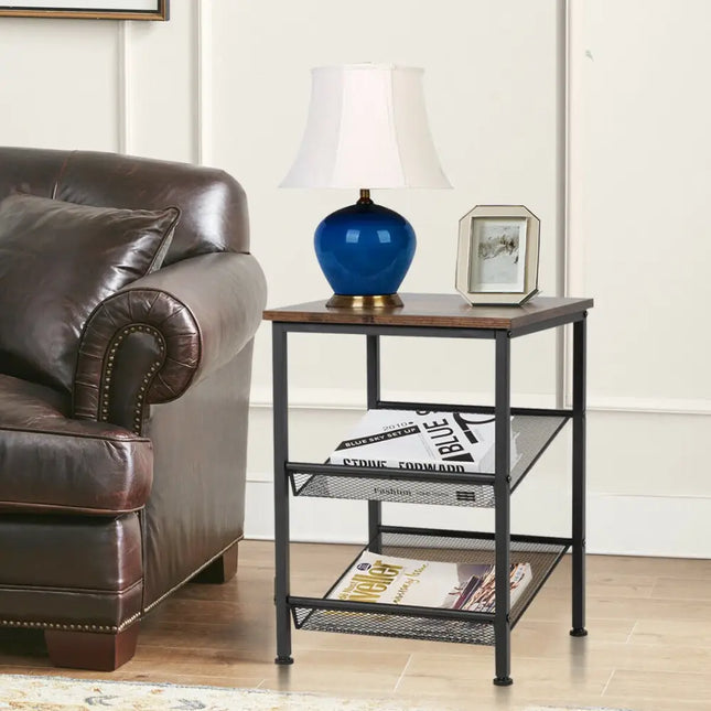 3-Tier Industrial End Table with Mesh Shelves and Adjustable Shelves Costway
