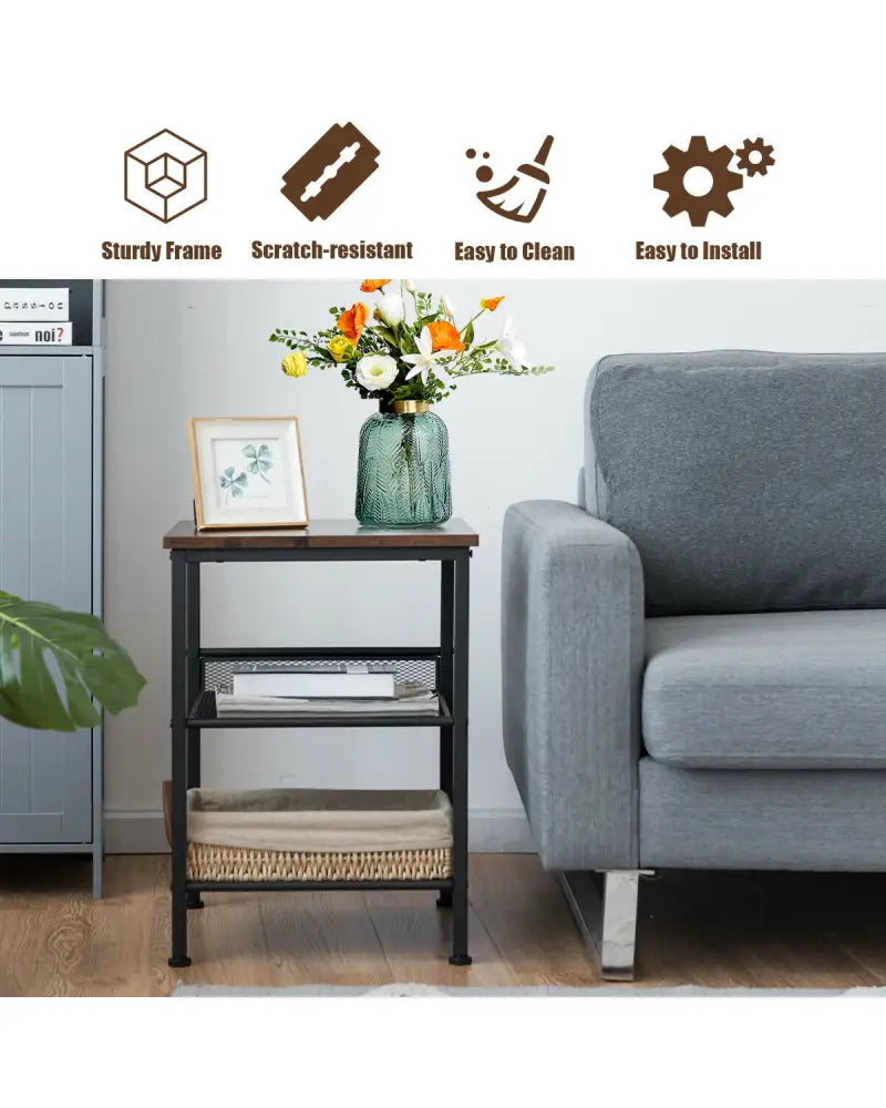 3-Tier Industrial End Table with Mesh Shelves and Adjustable Shelves - Rustic Brown - End & Side Tables