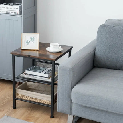 3-Tier Industrial End Table with Mesh Shelves and Adjustable Shelves Costway